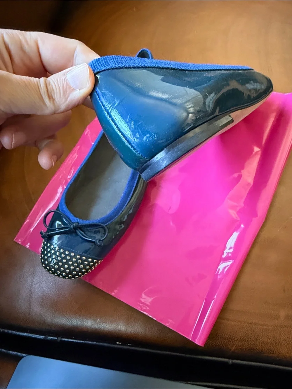Stuart Weitzman Navy Patent Studded Bow Flats